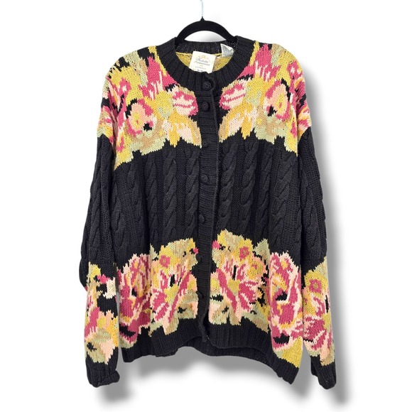 Vintage Handknitted Internationale Express Cardigan Floral Cable Knit Sweater - Picture 1 of 10